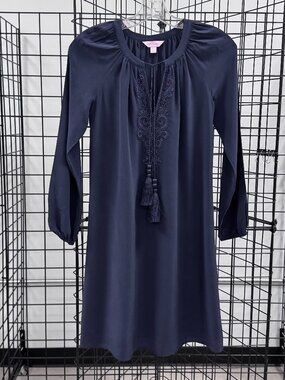 Lilly Pulitzer Roslyn Navy Silk L/S Shirt Dress Embroidery Tassels Size XS